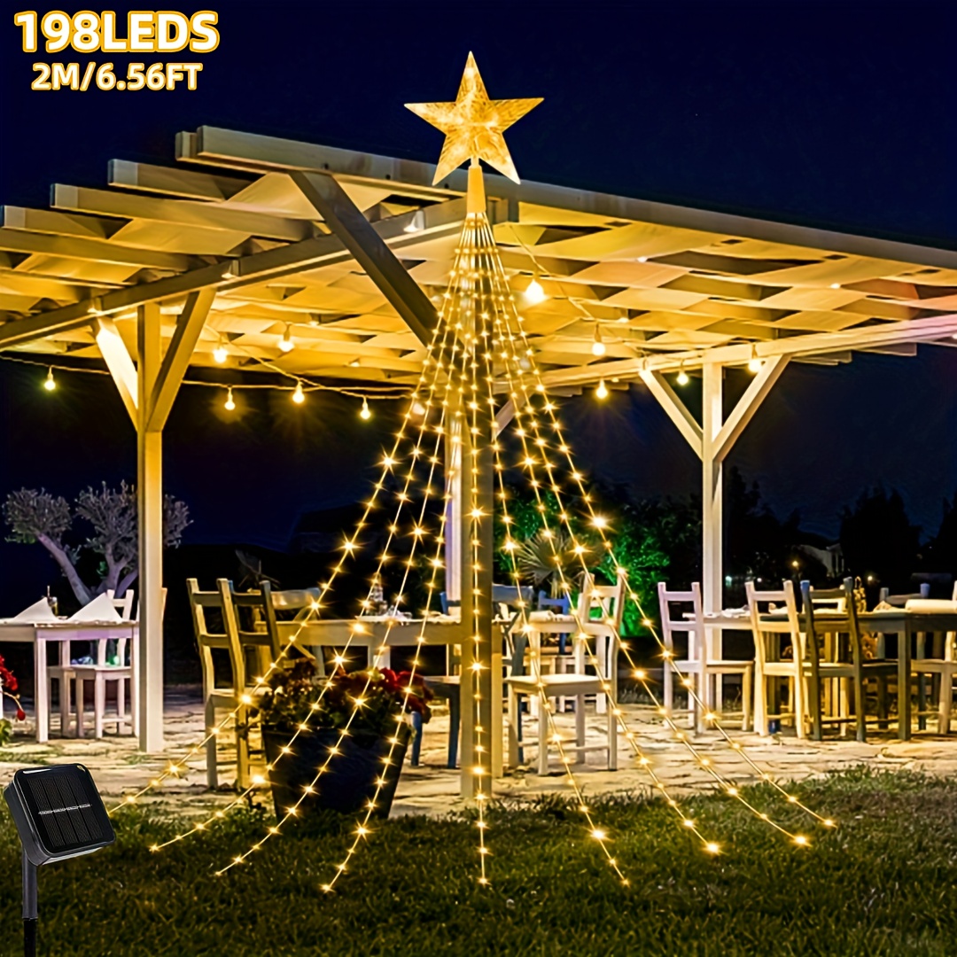 TEMU 1pc 200cm/78.74inch 198leds, Five-pointed Star Waterfall Light, Christmas Solar Decorations String Lights, Solar Outdoor Camping Light, Ip65
