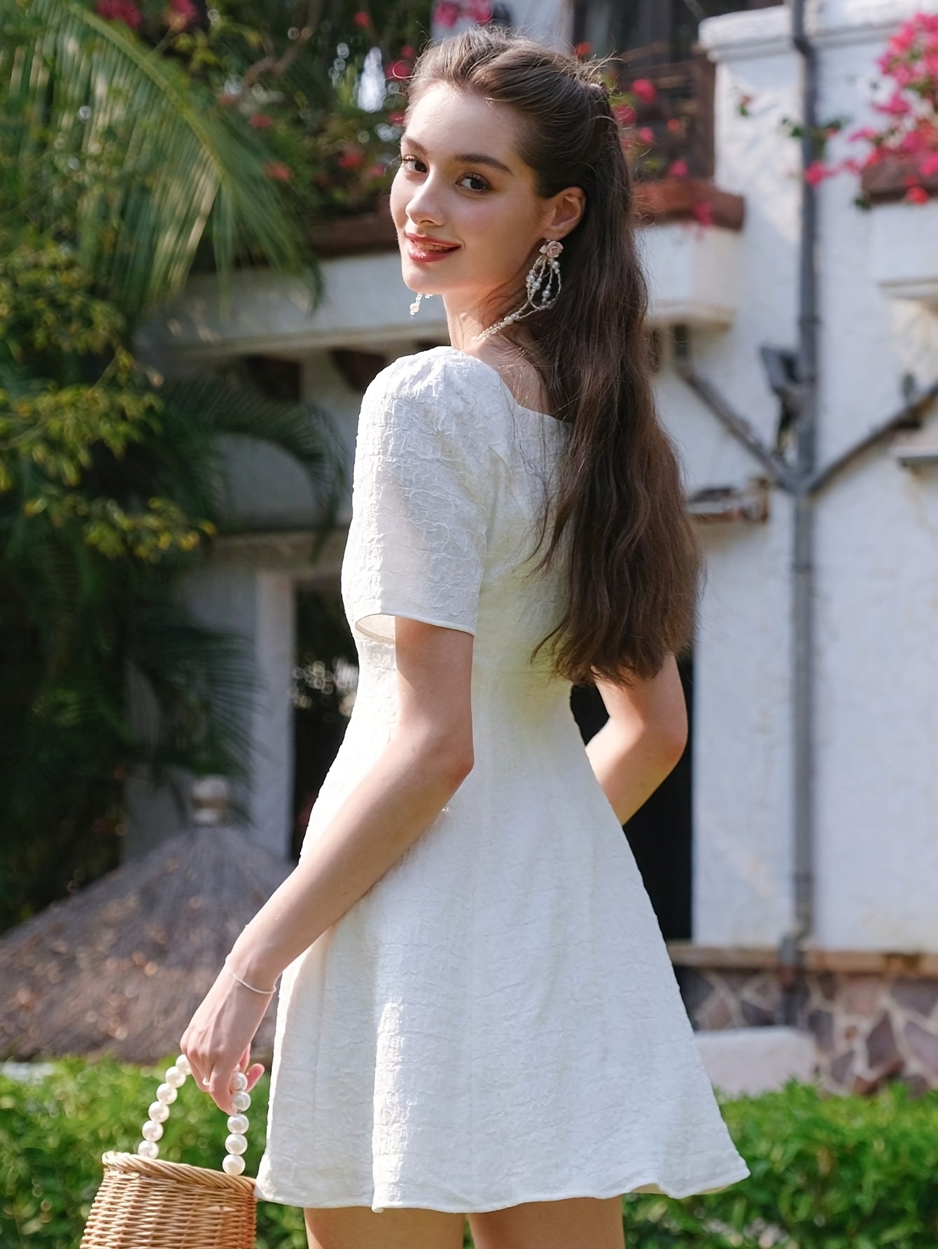 womens lightweight a line short sleeve dress square neck