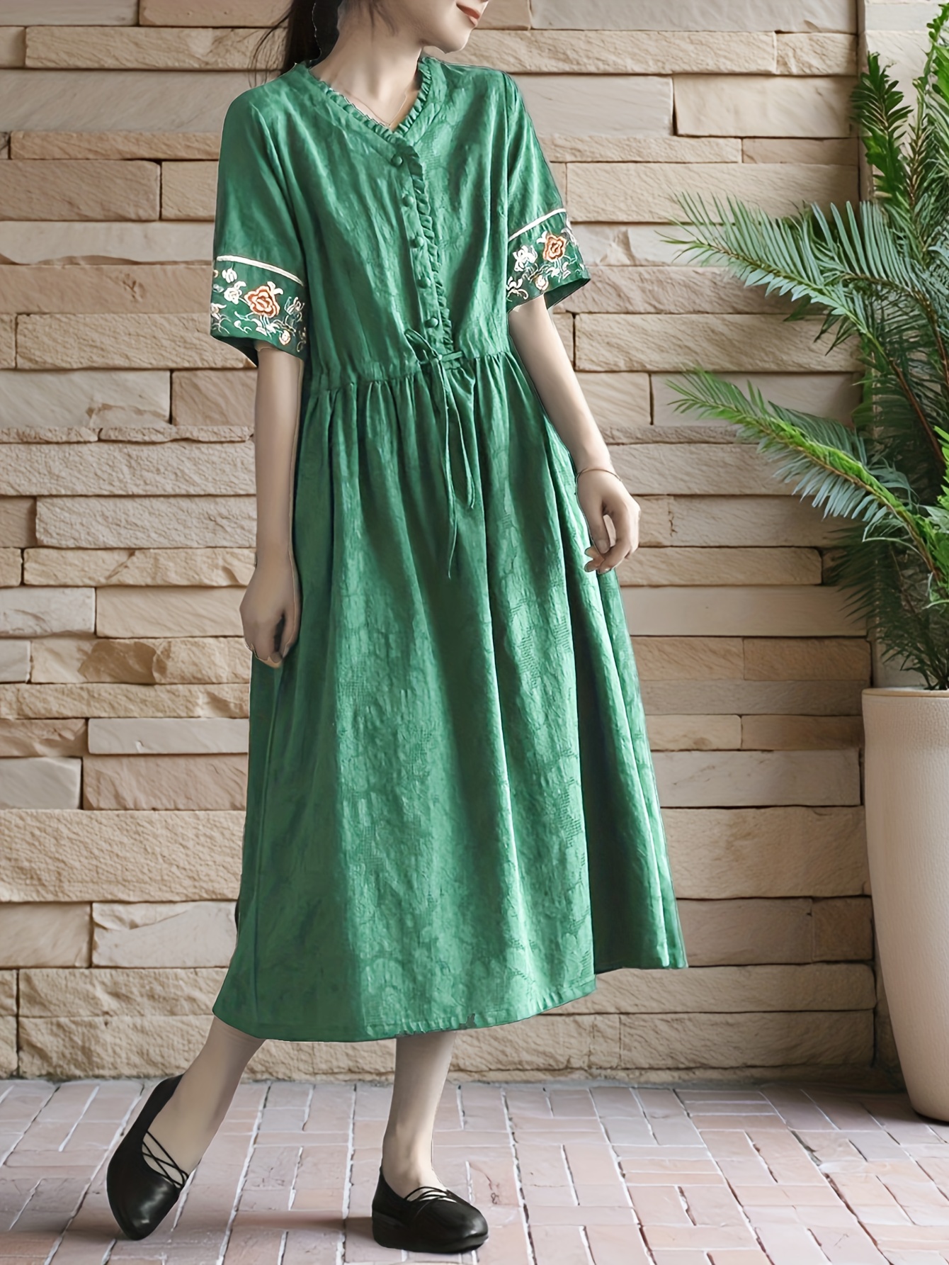 Women'S -Linen Maxi Dress-Washed Summer Casual with Embroidered Sleeve Trim  * Fit Short Sleeve Outfit