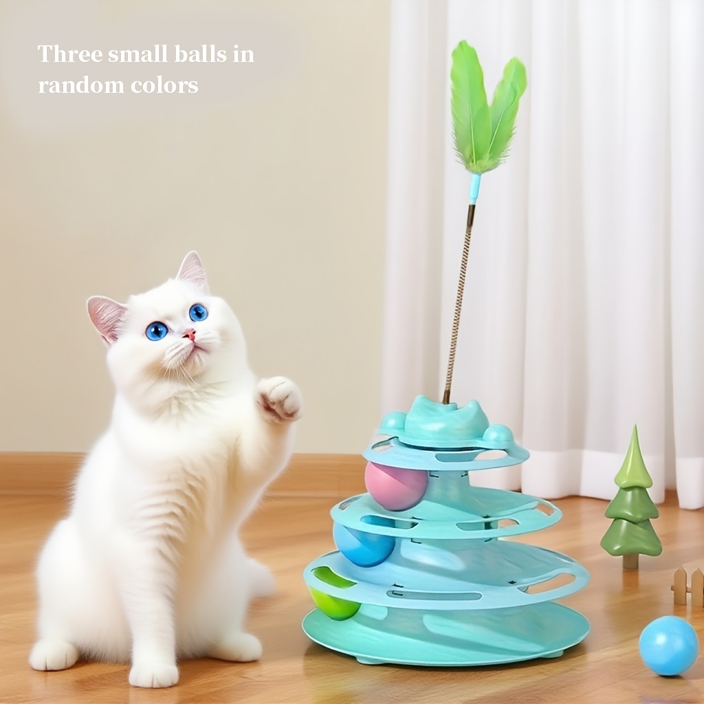 Artificial Feather Cat Carousel Toy - Rotating Rolling Ball Cat Toy, Interactive Teasing Toy for Cats, Cat Gift, Suitable for Indoor Cat Companion Toy, Self Entertainment And Fun Toy to Reduce Boredom, Random Balls in 3 Colors, Without Battery