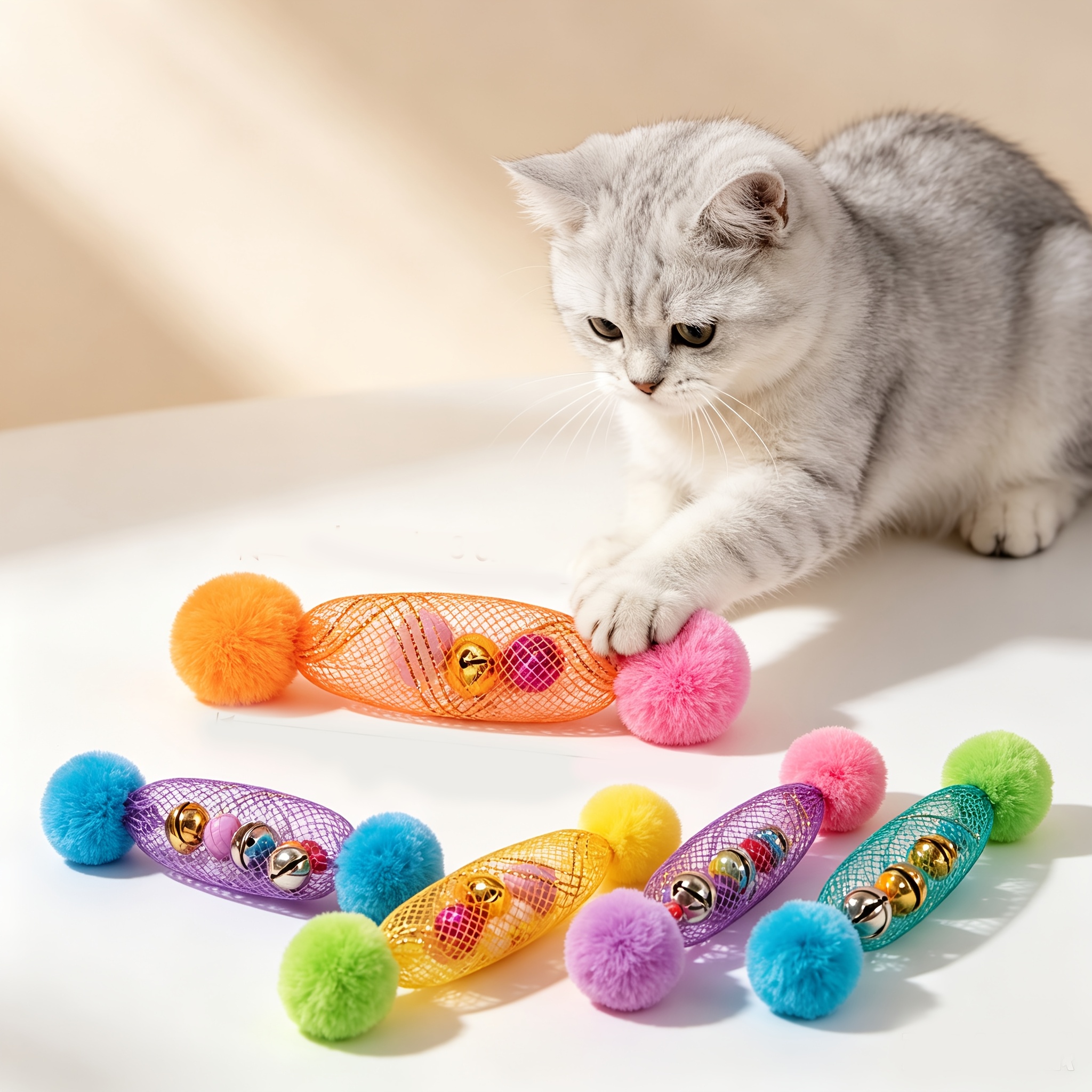 TEMU Jouets pour chat Baguette élastique, ajouts, tube en Pom-Pom avec clochette. Jouet interactif anti-lassitude pour chat, gadget de pour chat aux