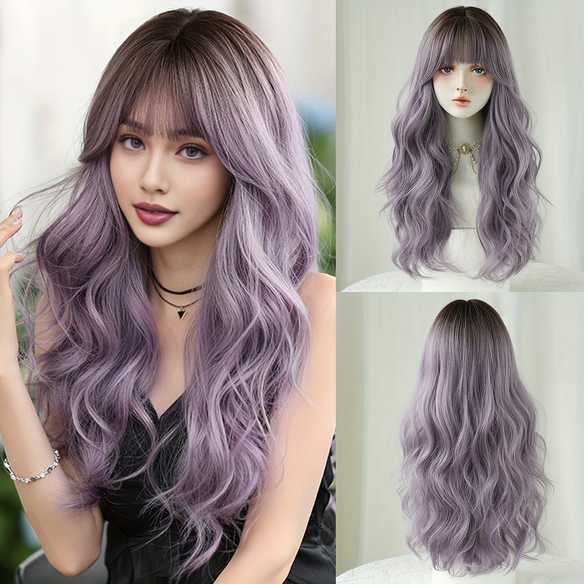 

1pc 7jhh Wigs Women's Elegant Loose Curly Ombre Ash Purple Synthetic Wig, 24 Inch, High Density 150%, Heat Resistant, Cap, For Daily & Party Use, Halloween Dress Up Wig