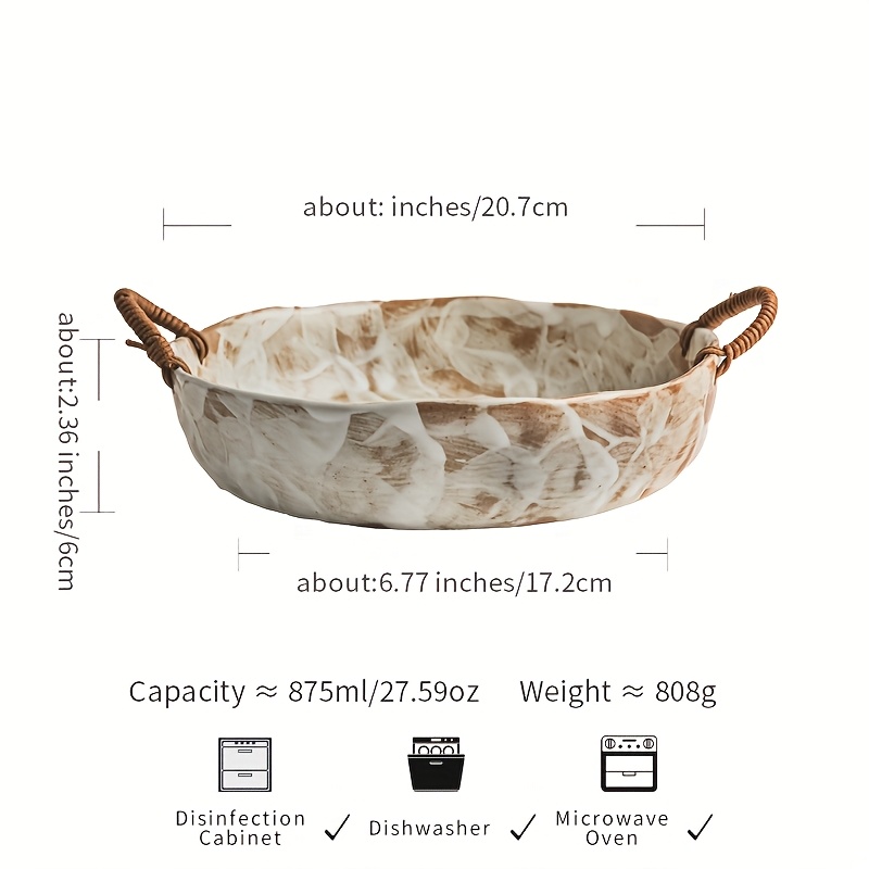 1pc Machi Double-Eared Bowl 20.32cm/25.4cm Thick Clay Dark Plate - Handmade Vintage Ceramic Fruit Bowl with Twine Handle, Retro Home Decor for Kitchen & Dining, Fruit Bowl for Kitchen, Decorative Kitchenware, Elegant Handle Design