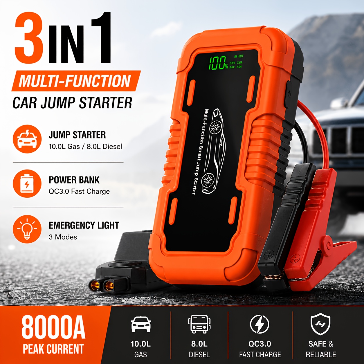 Car Battery Jump Starter, 8000a Portable Pack For Up To 10l Gas & 8l Engines, 12v Lithium Jump Box, Auto With 3-mode Led Lights & Jumper Cable