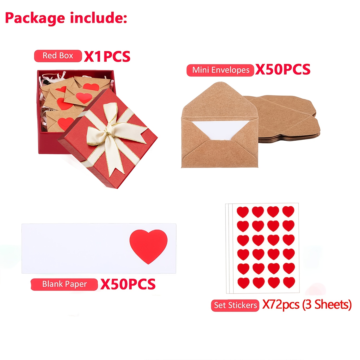E-shop 50 Mini-Liebesbrief-Karten-Set, inklusive 50 Mini-Umschläge, 50 Mini-Herz-Klebezettel, 72 Herz-Aufkleber, 1 Schleifen-Geschenkbox, für Freund,