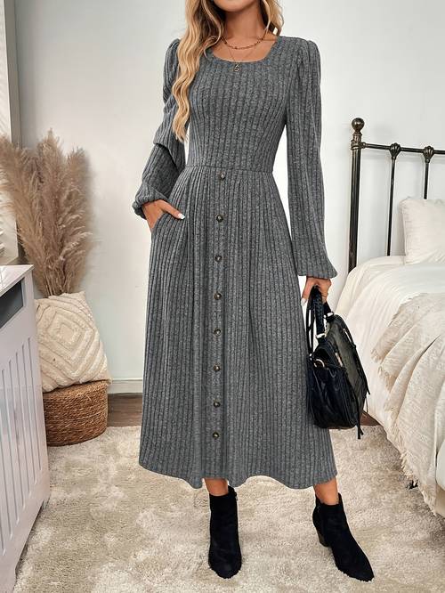 womens fashion button decorated lantern sleeve ribbed dress