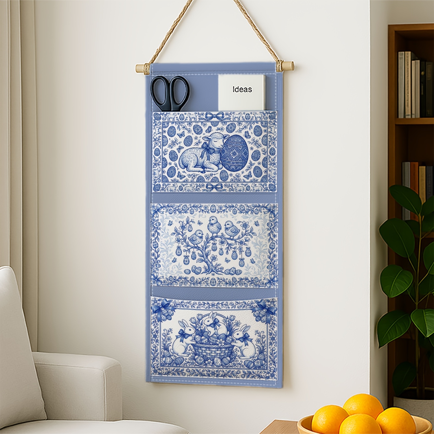 TEMU 1pc Easter Theme White European 3-pocket Wall Hanging Storage Bag Floral Chinoiserie/fabric Hanging Organizer For