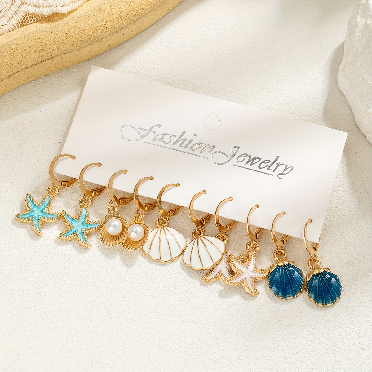 5-pair Drop Oil Alloy Star Artificial Shell Pendant Earrings Card-back Earrings For Daily Wear, Versatile And Suitable For Beach Vacations
