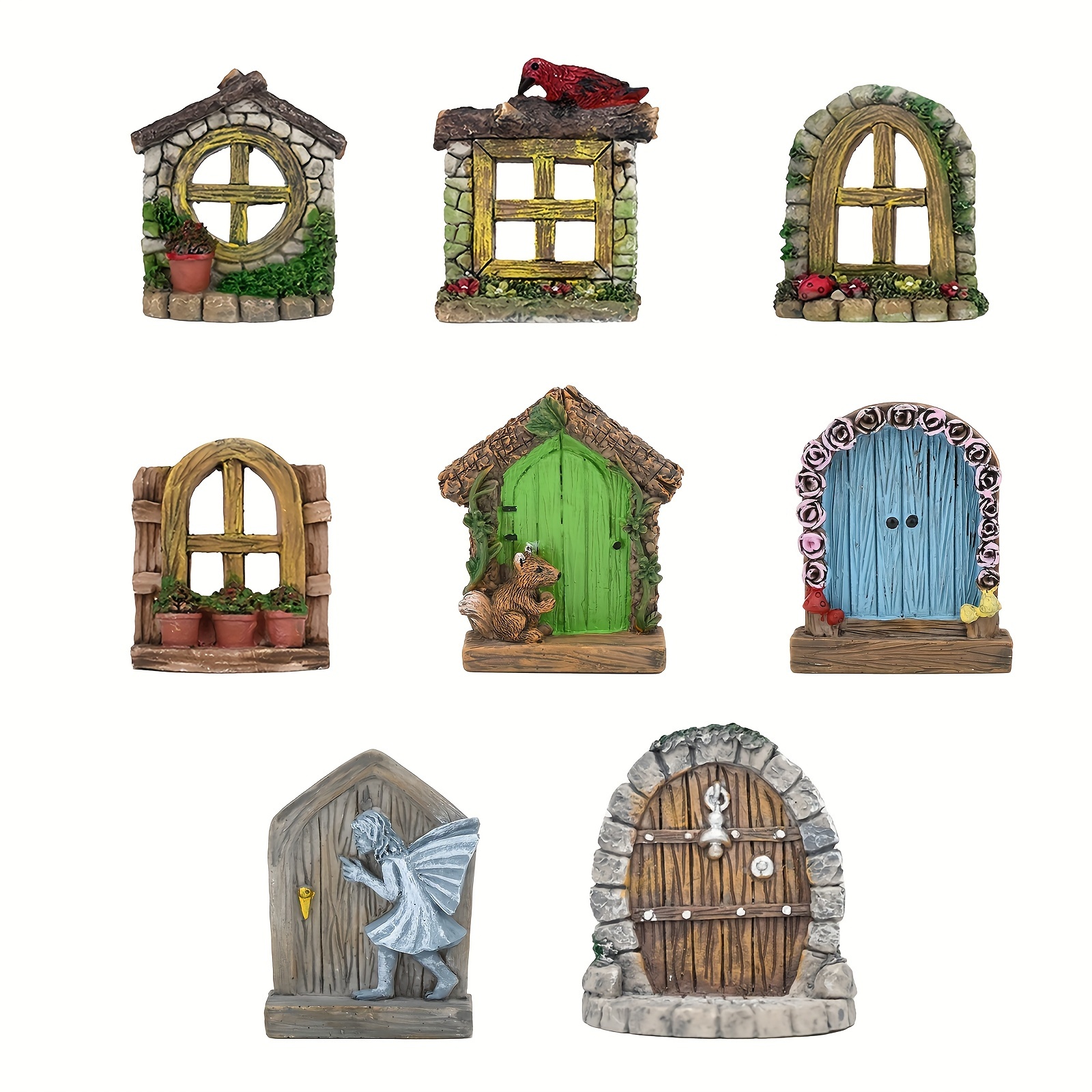 Image of 8pcs Of Fairy Tale Garden Additions Made Of Resin, Including Elf Doors And Window Sculptures. Exquisite Flower Window Crafts Are Perfect For Landscapes, Bonsai Decoration, Yard, Patio, Lawn Decor, Art
