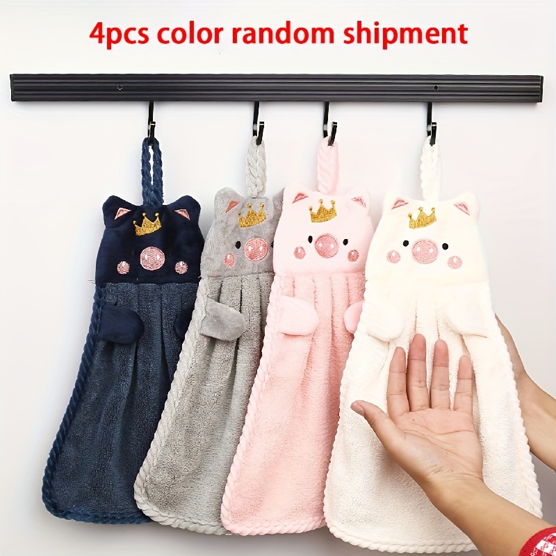 Image of 4pcs Cute Piggy Hand Towel - Absorbent Coral Velvet Kitchen Towel & Hanging Household Towel, Random Color