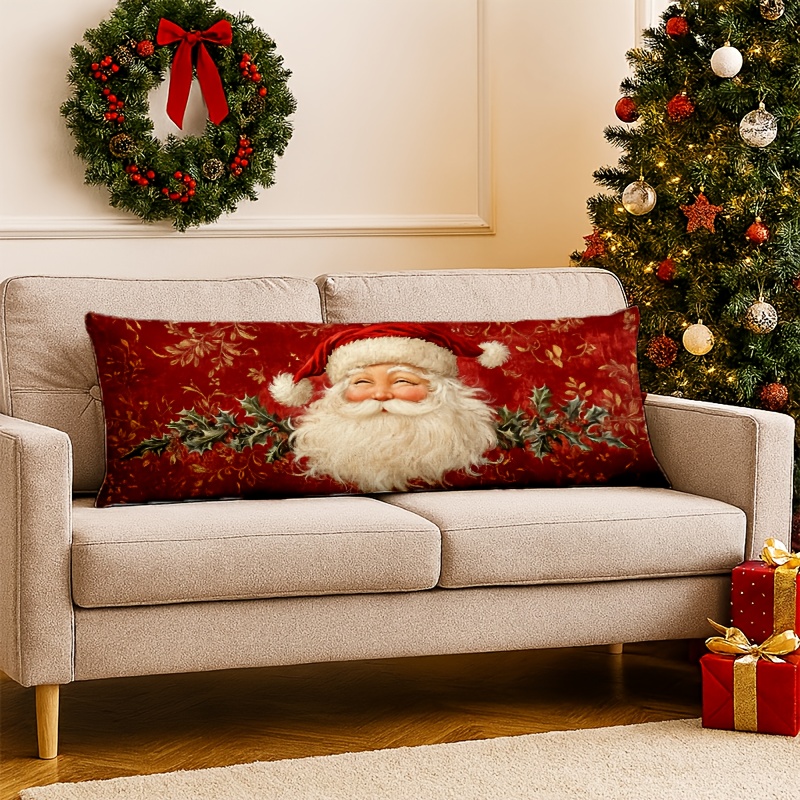 TEMU 1pc Christmas Short Plush Santa Claus With Holly And Berries 2d Printing Long Lumbar Pillows Cover Xmas Pillowcase With Zipper Sofa Home Decor