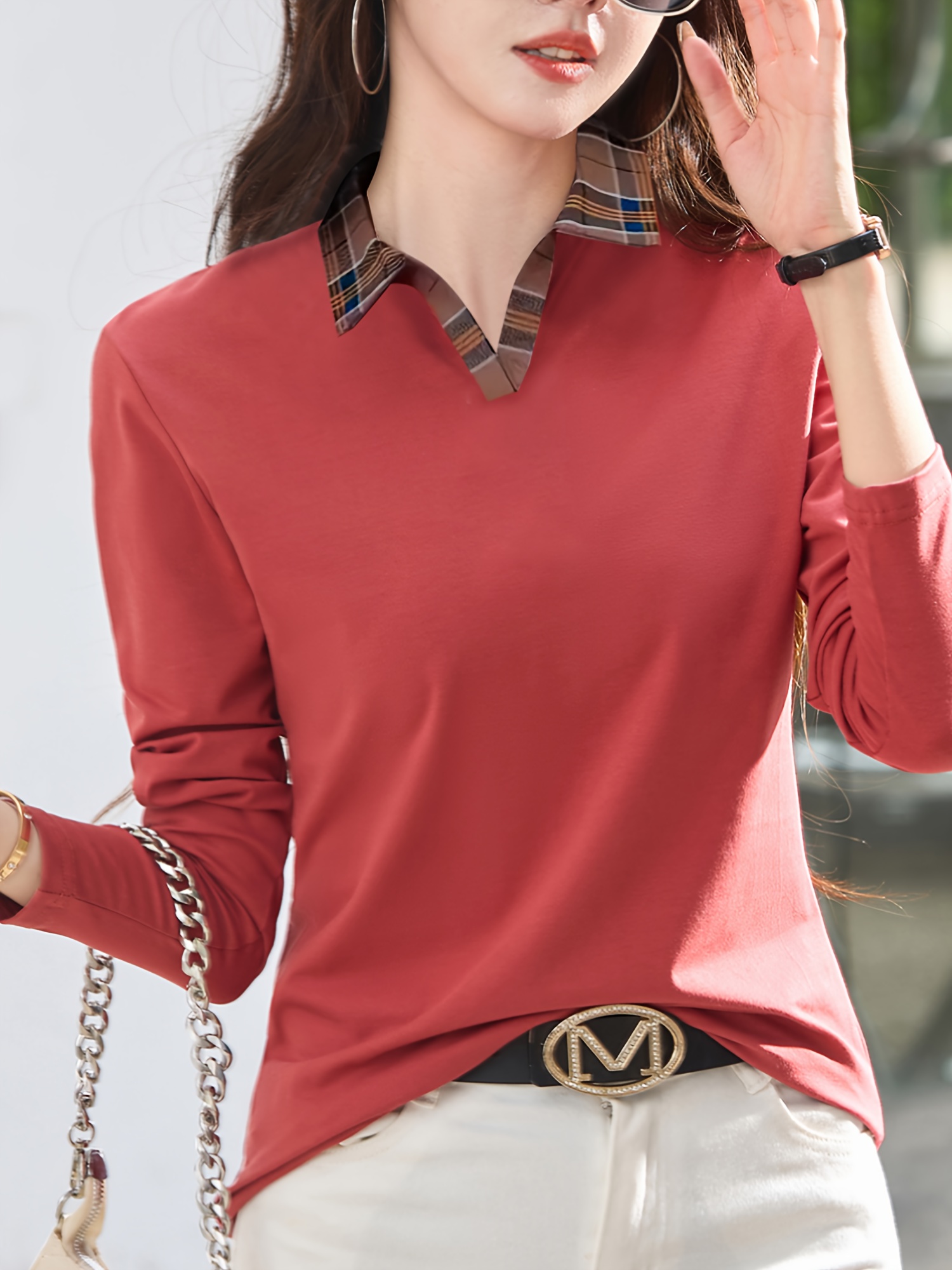 blusa cuello mujer estilo camisa larga color Temu Peru