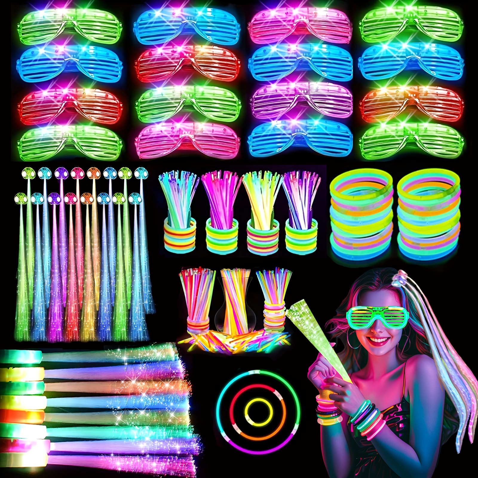 

138 In The Dark Party Supplies, 10pcs Glow Fiber Optic Wands, 10 Pcs Led Glasses, Sticks And 18 Pcs Led Hair Clips Fiber Optic For Glow Party, Christmas, Gift