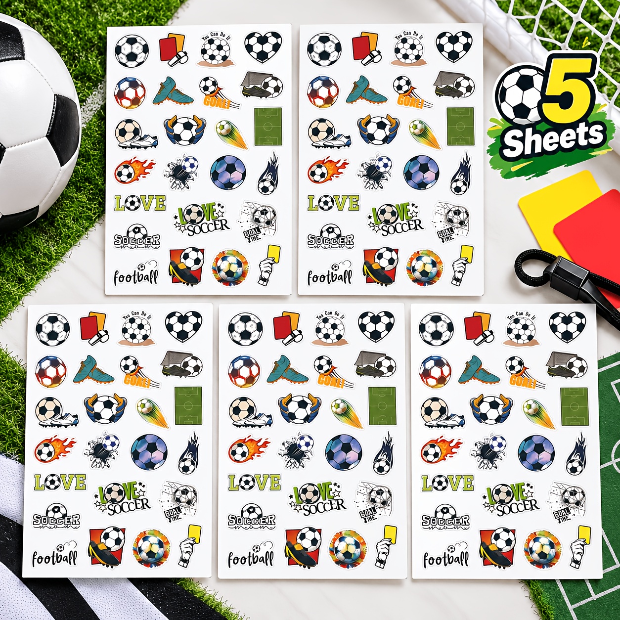 Image of 120pcs Colorful Football Stickers, Easy-to-apply & Vibrant Soccer-themed Designs For Fans, Cheerleaders, And Sports Enthusiasts, Soccer Additions, Fan Merchandise 5 Sheets