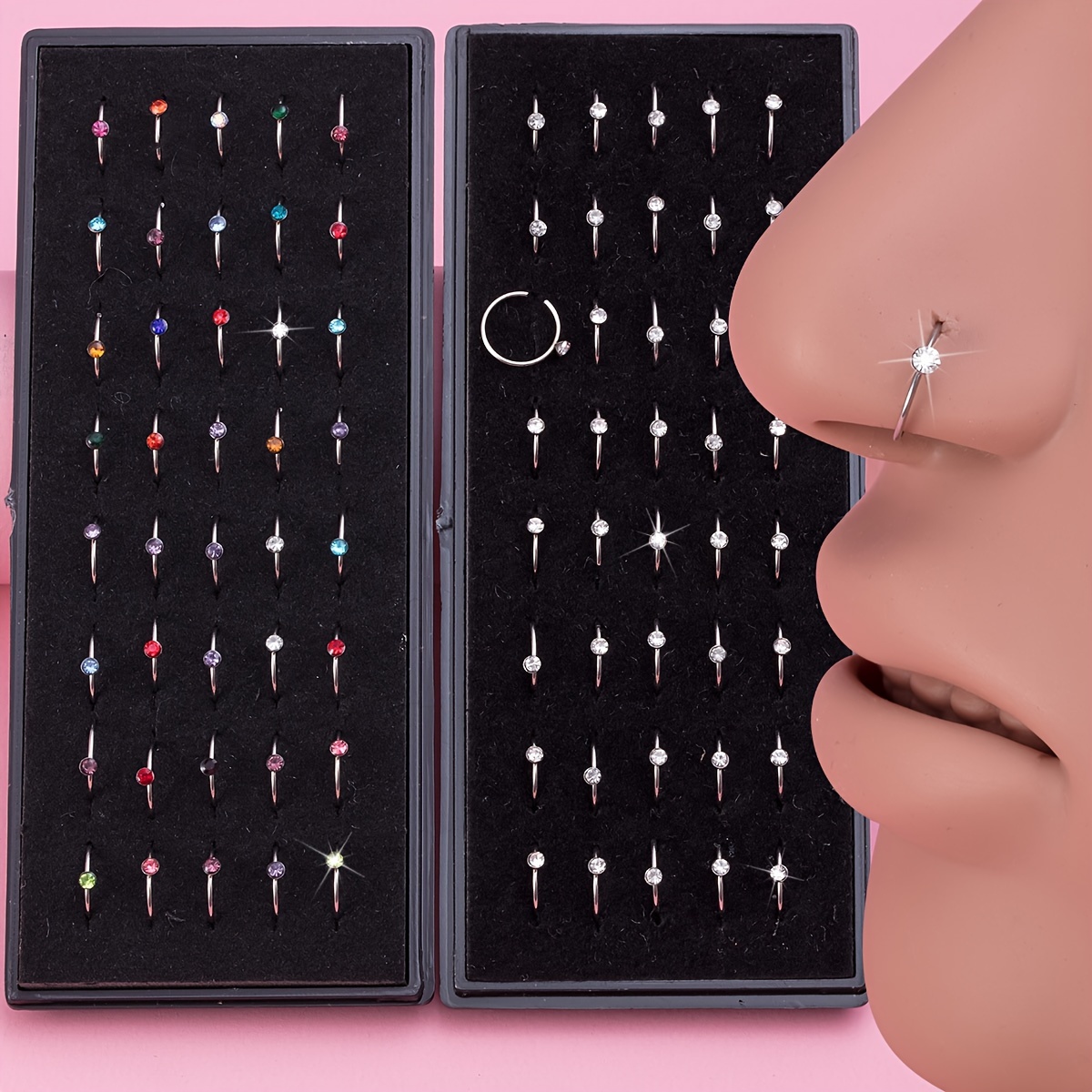 

40pcs/box Zircon Decor Artificial Crystal Nose Rings Stainless Steel Nostril Piercing Jewelry Nose Hoop Ring 8mm Cartilage Tragus Daith Earring Jewelry