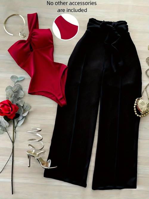 womens ribbed single shoulder waist cinching jumpsuit and black lace up wide leg pants 2pcs set additions not included