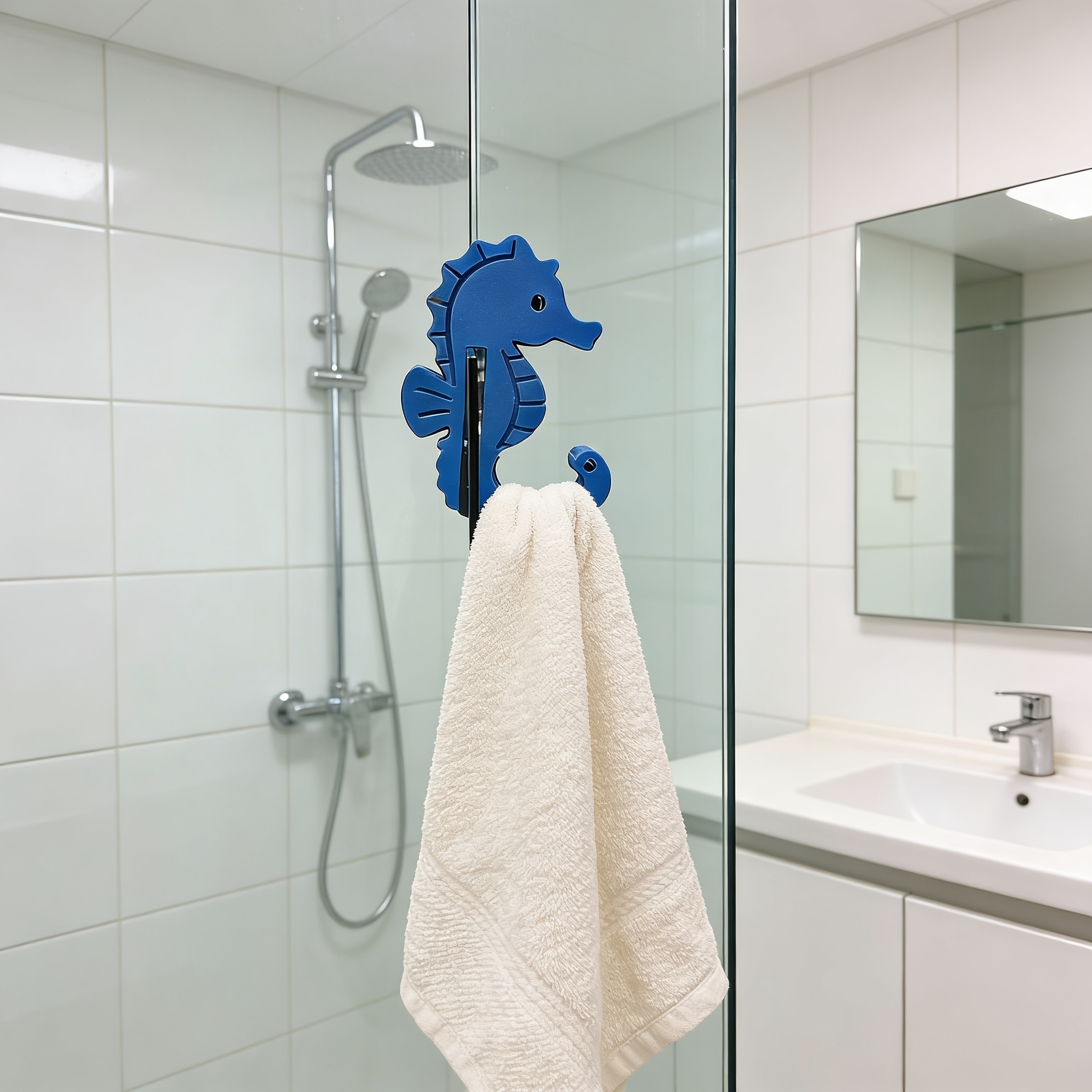 E-shop Entzückender Badezimmerhaken in Seepferdchen-Form – Bohrfreier wandmontierter Glastürhaken, geeignet für Dusche, Badewanne & Glastüren,