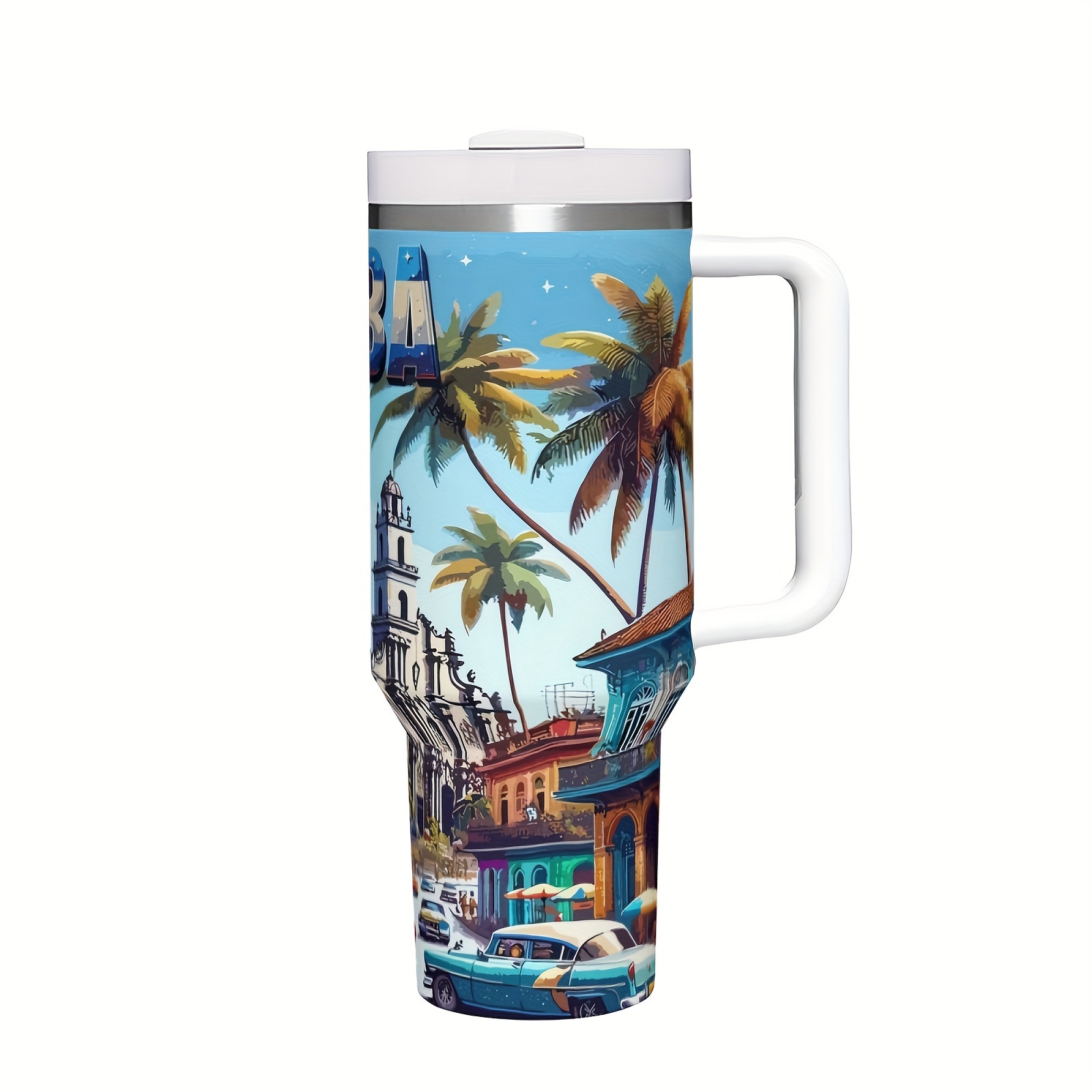 

1pc 40oz Stainless Steel Travel Mug With Handle, Lid & Straw – Cuba Themed Vacuum Insulated Tumbler – Ideal For Iced Coffee, Hot Beverages – Perfect Gift For 14+ Age Group