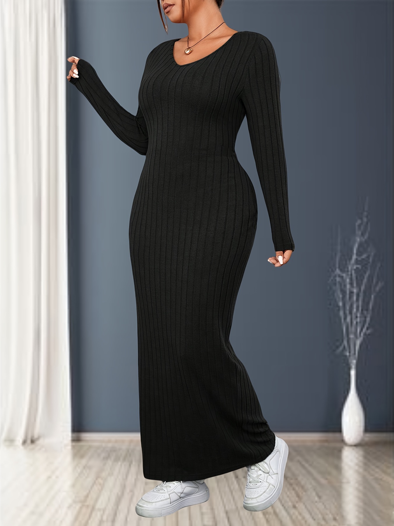 fitted lace wedding dress VIP Ribbed Knit Split Midi Sweater Dress, Brown / 5XL main image 0