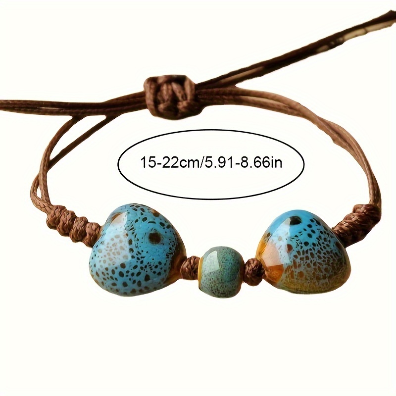 Vintage Ethnic Love Heart Ceramic Bead Bracelet Rustic Style
