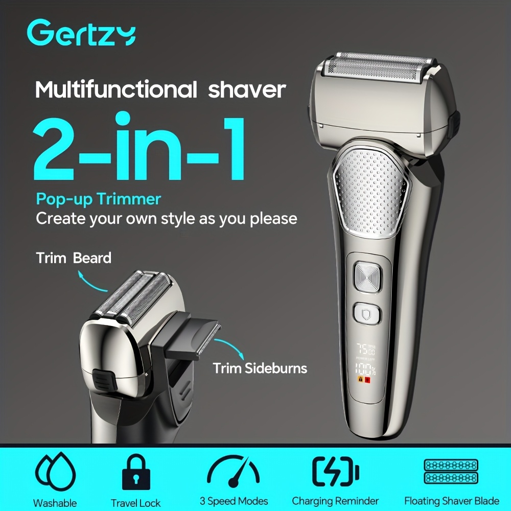 a perfect waterproof electric shaver for men as a gift suitable for   dry and wet use with adjustable gear and   display it features a   up sideburns blade design on the back and is a holiday gift Product details 4