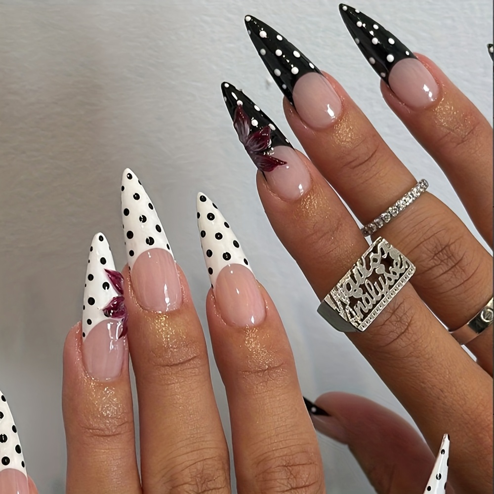 Image of 24pcs Glossy Long Stiletto Press On Nails White And Black French Style Fake Nails With Dots And Flowers Pattern Artificial Reusable False Nails For Mature Women And