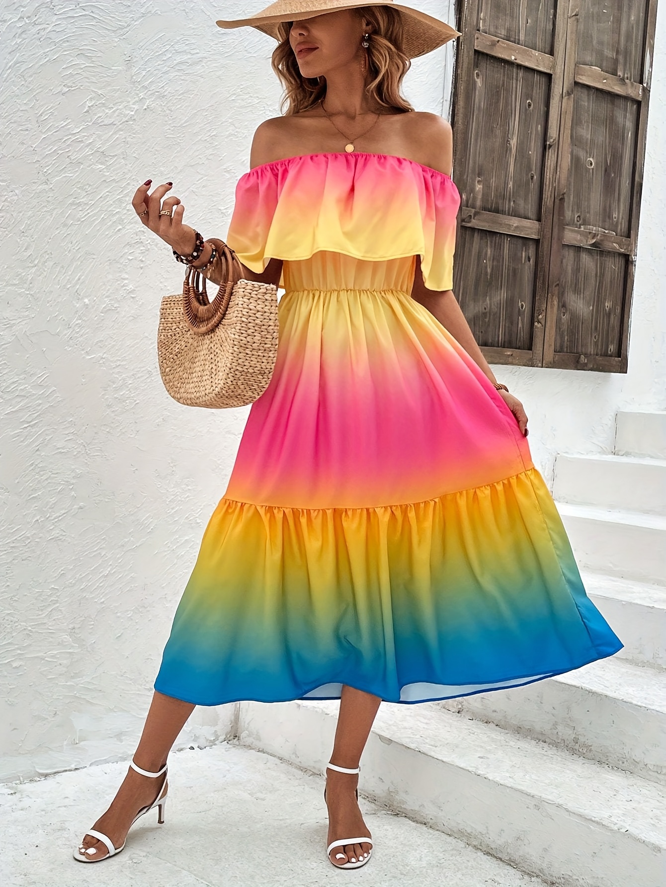 Women'S Elegant Rainbow Off-Shoulder Strapless Fitted Dress, 100% Polyester  * Woven Fabric, 110 g/m, Fashionable One-Shoulder Printed Dress for Adult