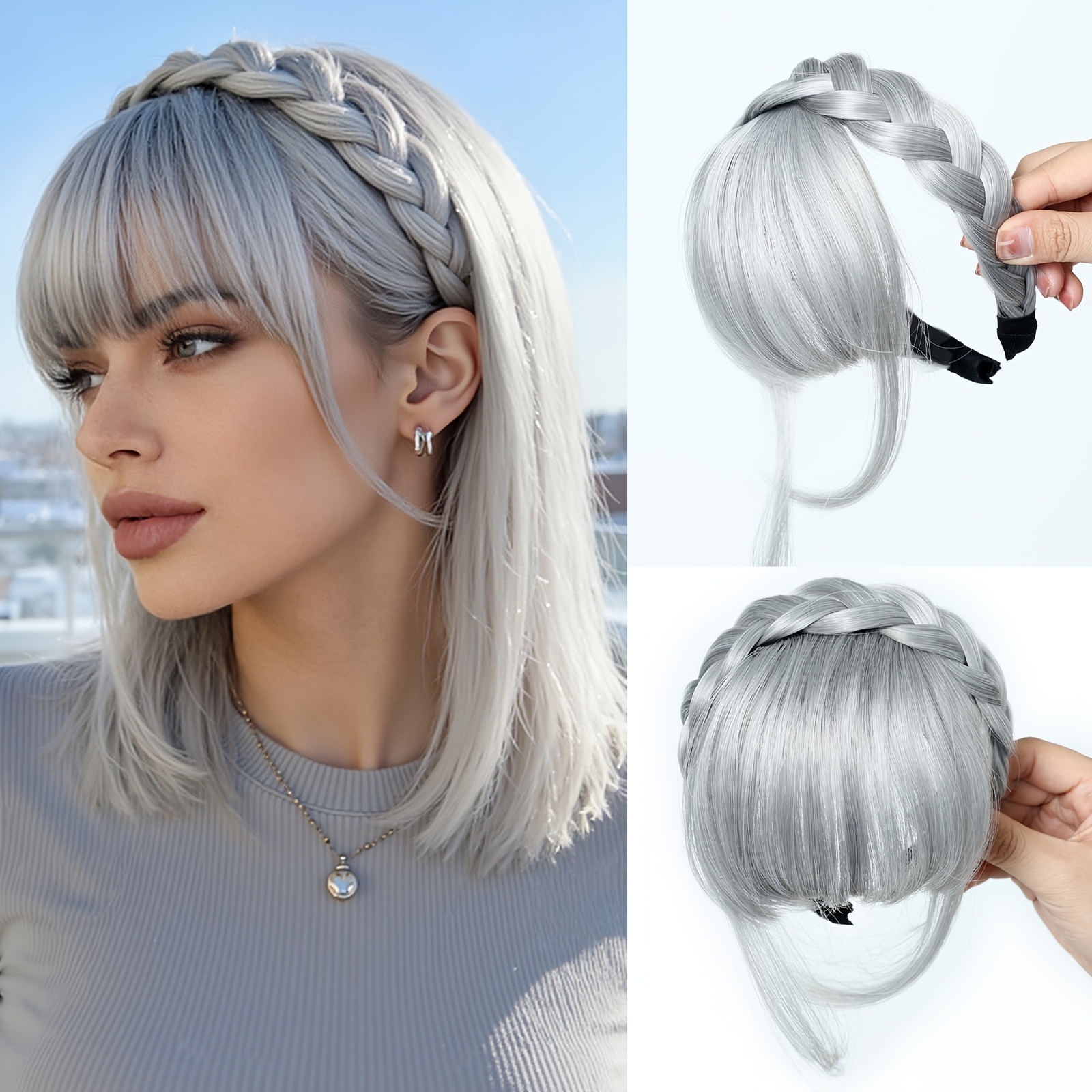 TEMU This 4-inch Black And Brown Braided Headband With Bangs And -strand Braided Hair Tie Is Fashionable And Versatile. From High-quality Synthetic Hair