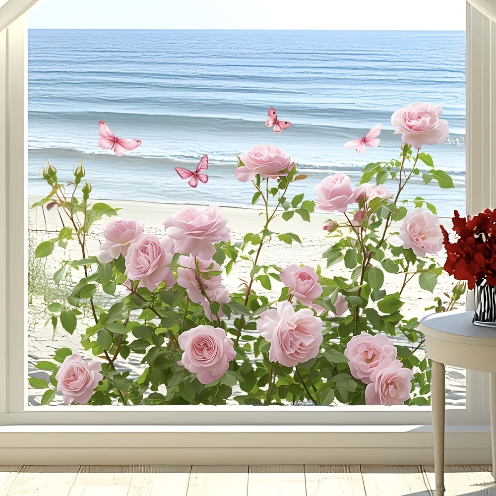 TEMU 2d Flat, 1pc 2d Rose And Window Cling, Seaside Beach Scenery Static Glass Sticker, Reusable Floral Window Decal, Suitable For Bedroom, Living