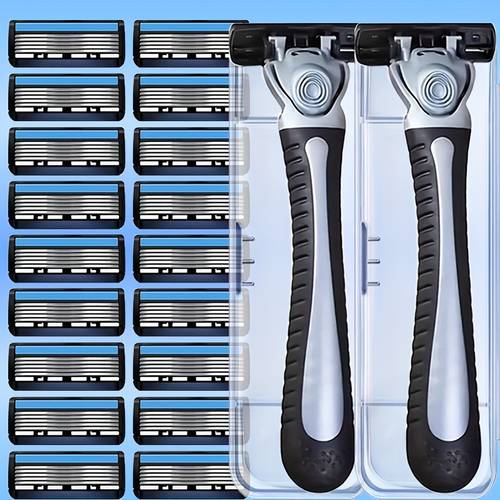 double blade handle mens stainless steel 6 layer blade razor shaving and hair removal tool with 2 handles and 18 24 30 replacement reusable
