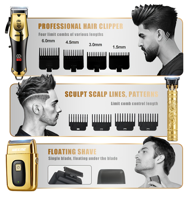 WEEME 3pcs Men's electric hairdresser set, hairdresser hairdresser set, household electric hairdresser set, USB charging electric hairdresser, alloy knife head, LCD display, carving shape, household car travel use, Father's Day gift