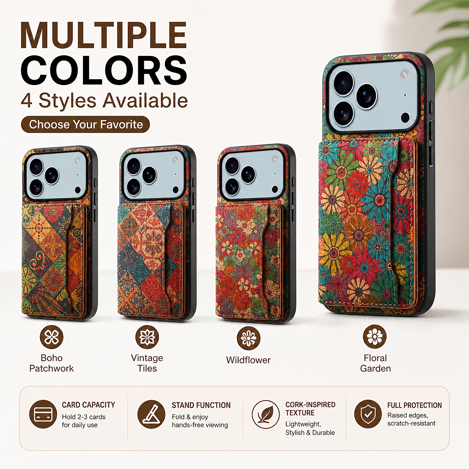 phone case   wallet phone case for iphone 17 to 12 series with a   card holder 3 cards increased camera protection floral printing cork material shockproof protection hand made high quality   for women and Product details 1