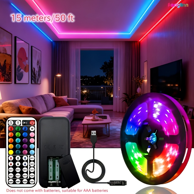TEMU Slimme RGB LED Strip, USB-aangedreven, met 44-toetsen afstandsbediening, ideaal voor slaapkamers, woonkamers, Kerstmis, Halloween, gamekamers en