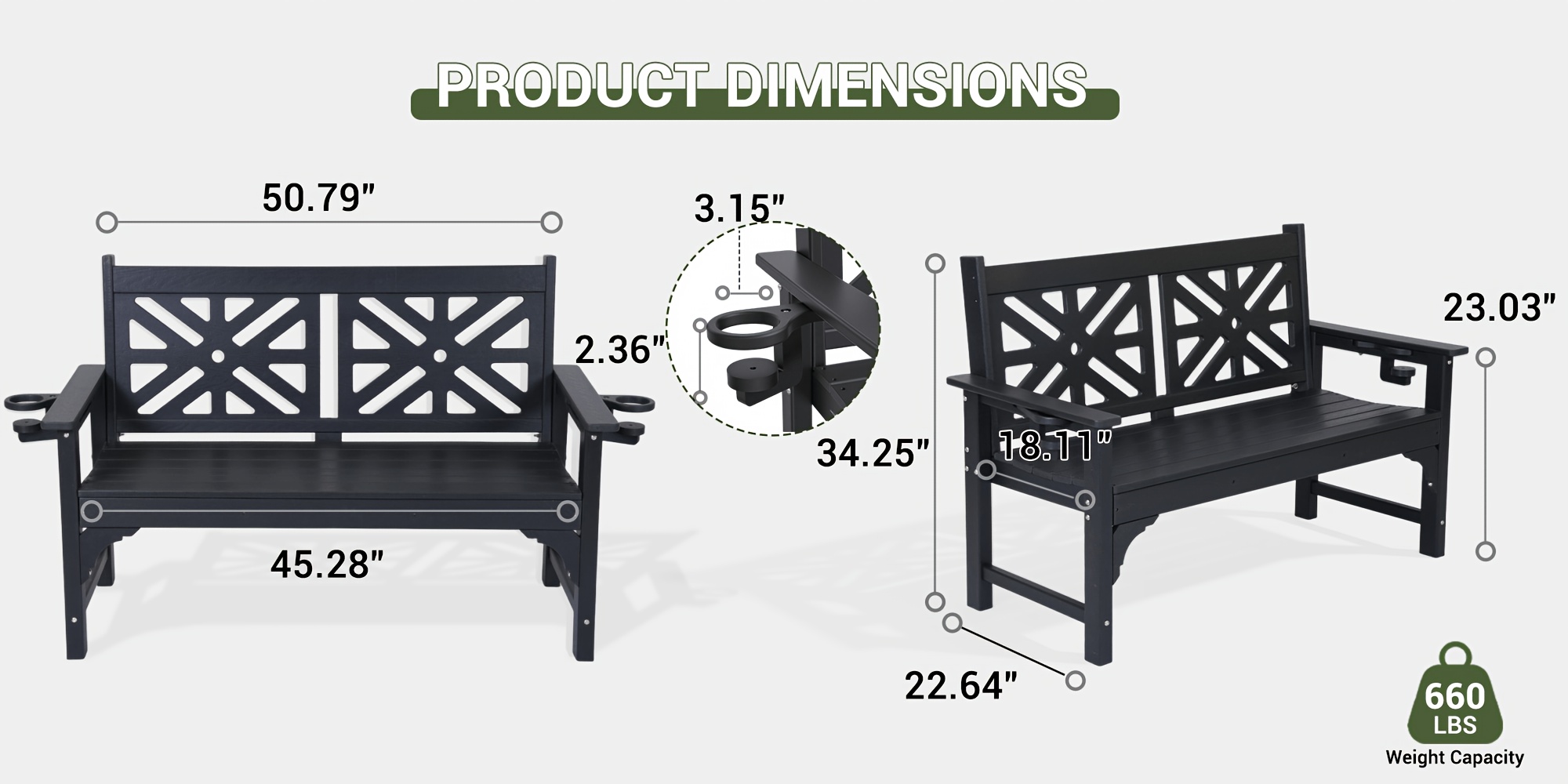Outdoor Bench with Cup Holders, HDPE Weatherproof Garden Bench 2-Person, Fade/Rot Resistance Patio Benches for Porch And Park