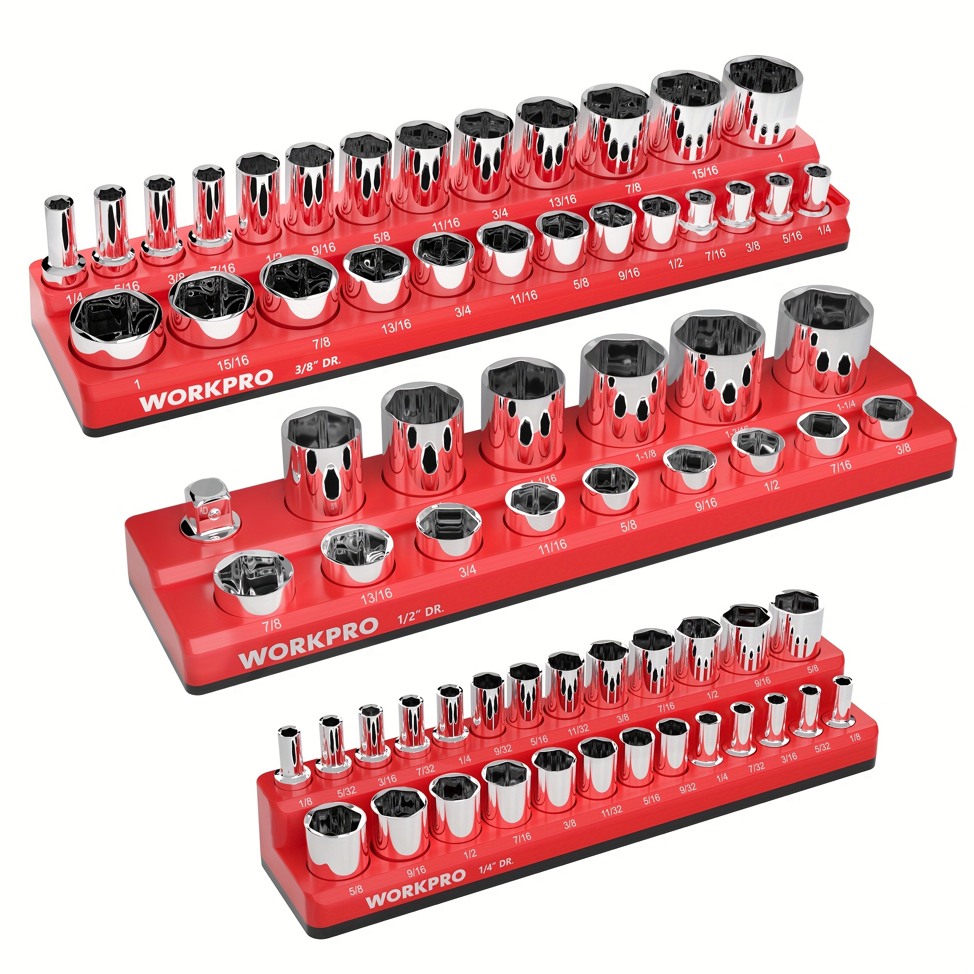 

Workpro Organizer Set, 3- Set Includes 1/4", 3/8" /2" Sae Trays, Holds 68 Size And Size ( Not Included)