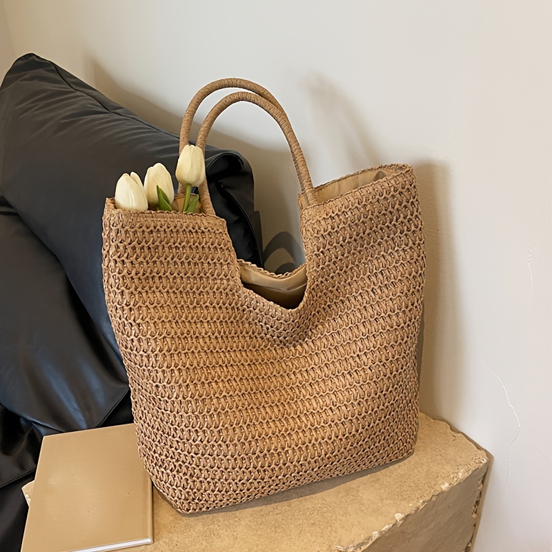 

Chic Khaki Woven Straw Tote Bag For Women - Spacious & Versatile, Beach And Everyday Use