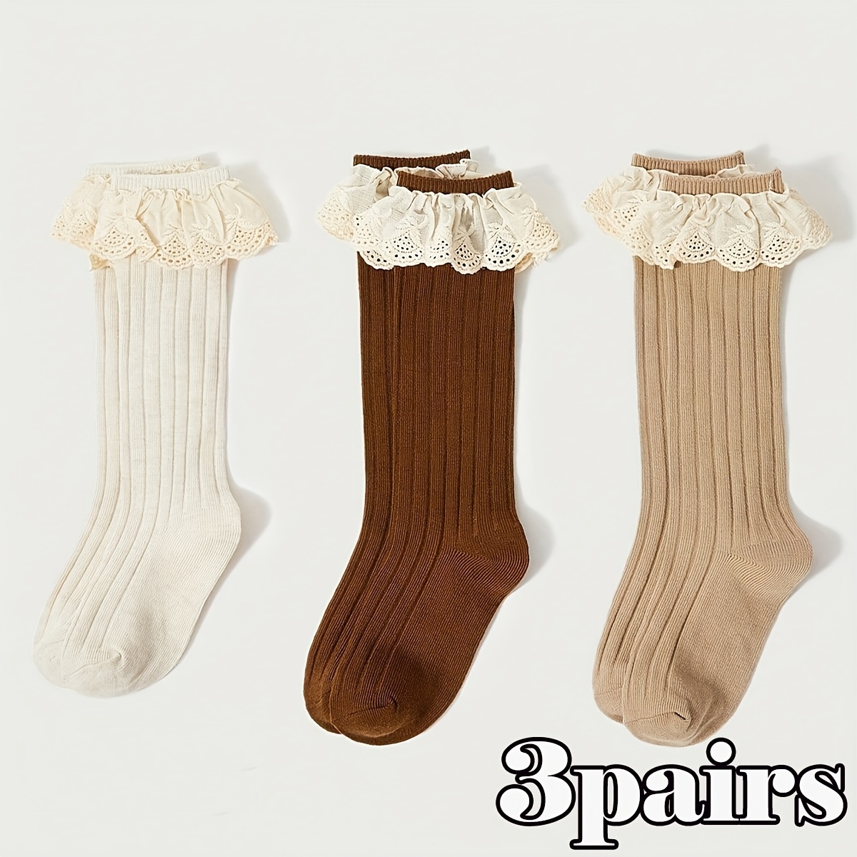3-pair Children's Back-to- Lace-trimmed Solid Color High Tube Socks,fall And Winter Clothes