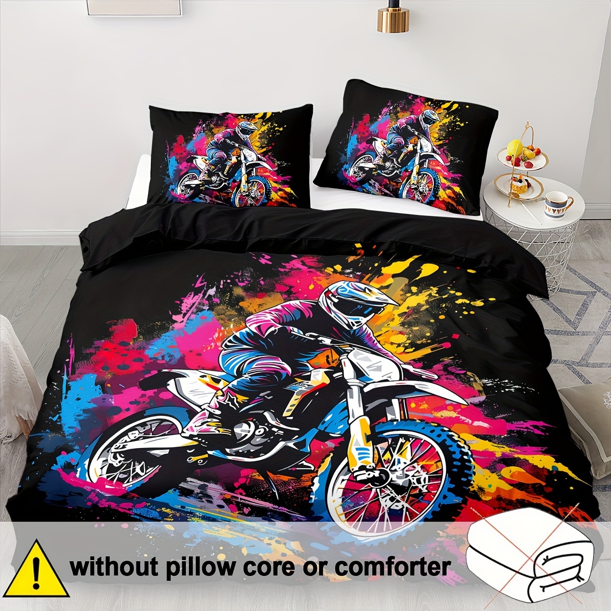 TEMU 2/3pcs Soft Comfortable Duvet Cover, Motorcycle Bedding, Racing Motorcycle Bedding Queen Size, Colored Tie Dye Bedding, Car Game Room Decor (1 X