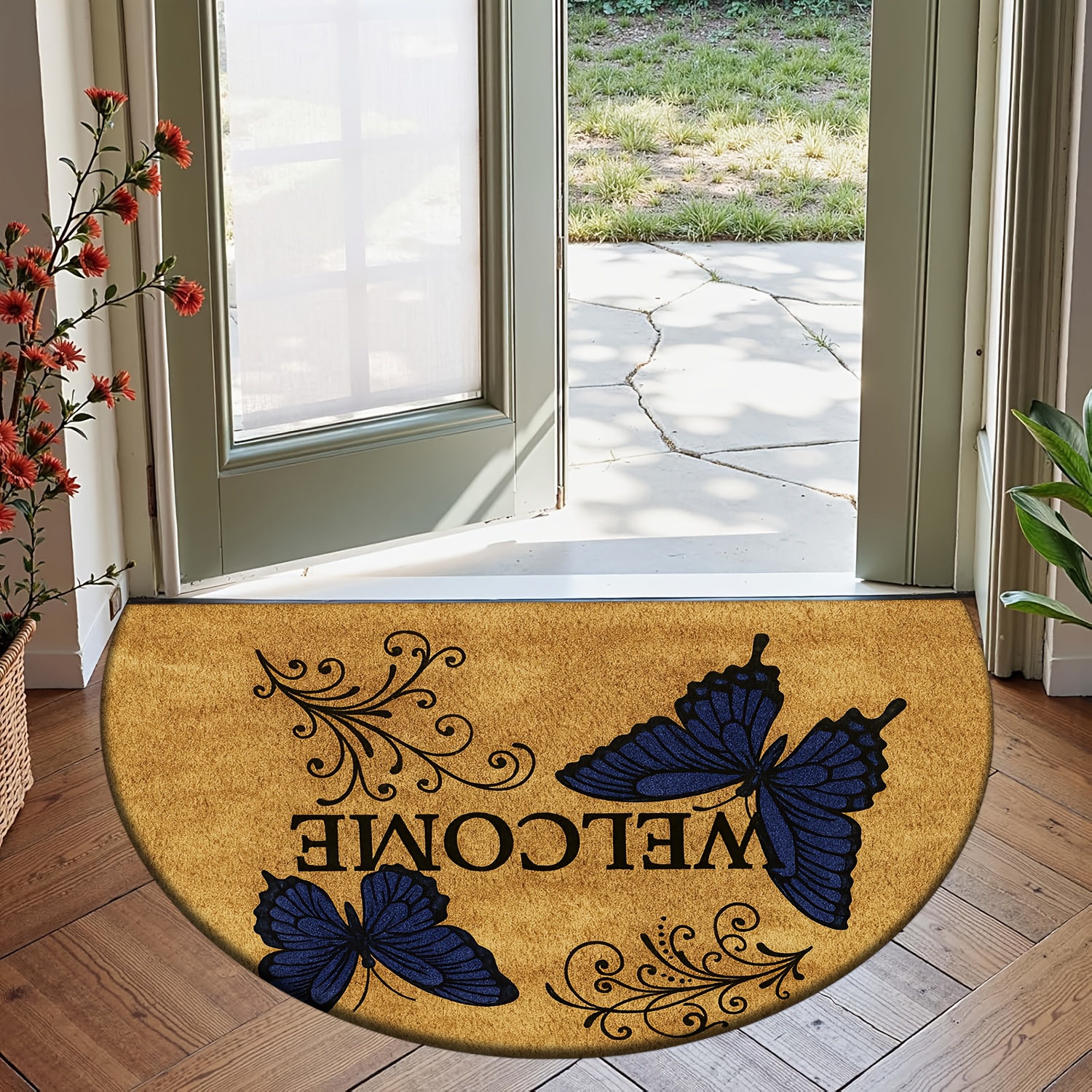TEMU Product [flannel + 1cm Thick Sponge Material] Fun Semi-circular Door Mat | Welcome Pattern Printed Semi-circular Doormat, Suitable For Multiple