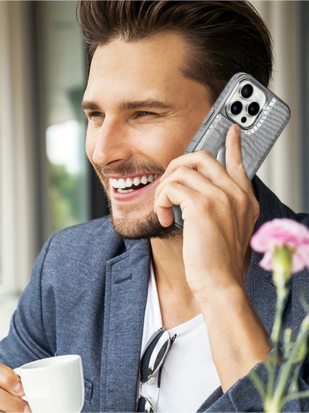 logo view case for iphone 16 15 14 13 12 pro max kickstand   leather magnetic wireless charging electroplated frame vegan   classic luxury elegant thin shockproof full protection cover Product details 4