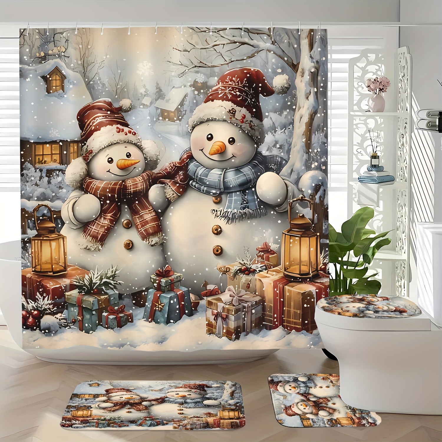 

1/4 Christmas Shower Curtain Set - Snowman Pattern, Includes - Polyester , , Bathroom Decor - Christmas Decorations