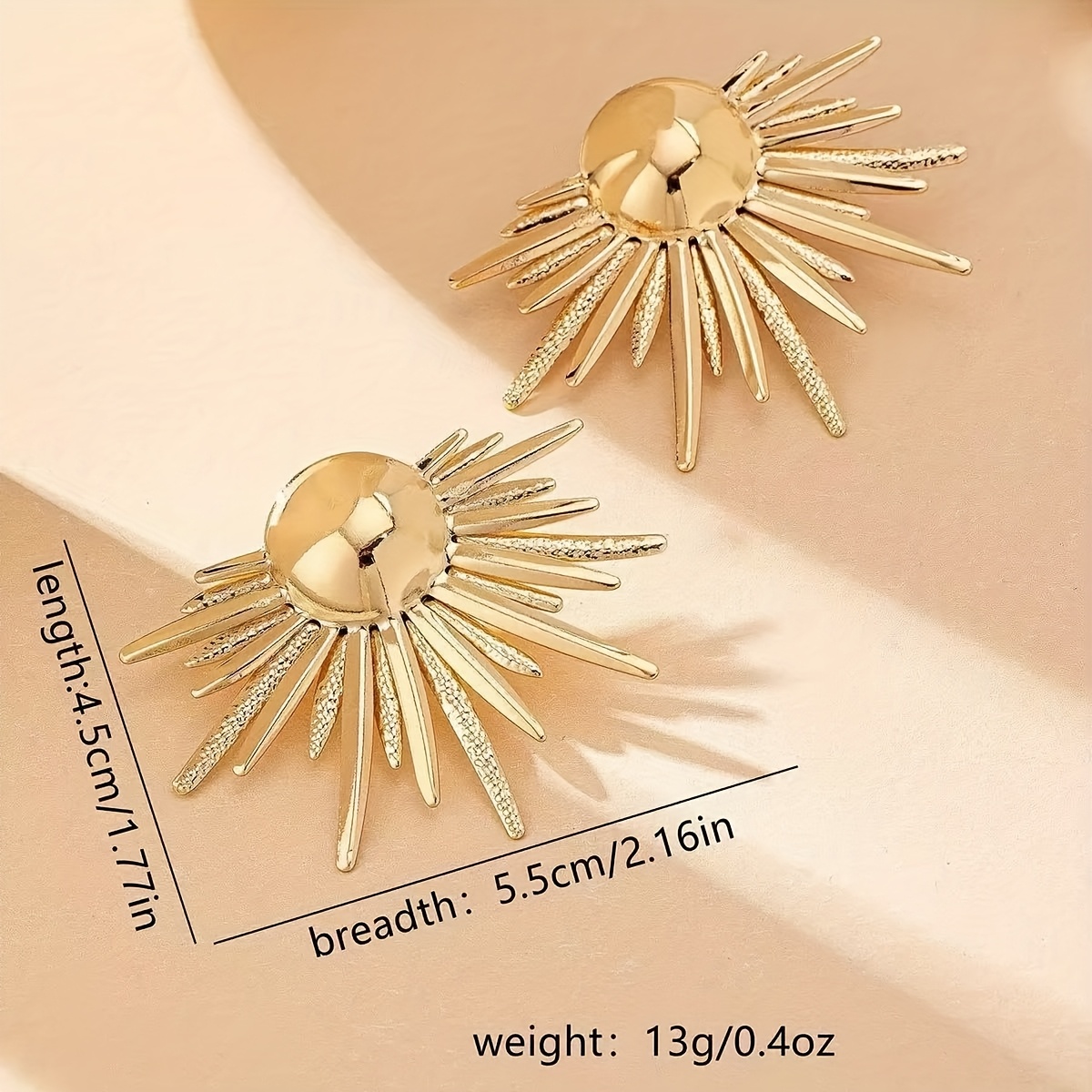 Women's Golden Sunlight Rays Stud Earrings, Radiating Lines