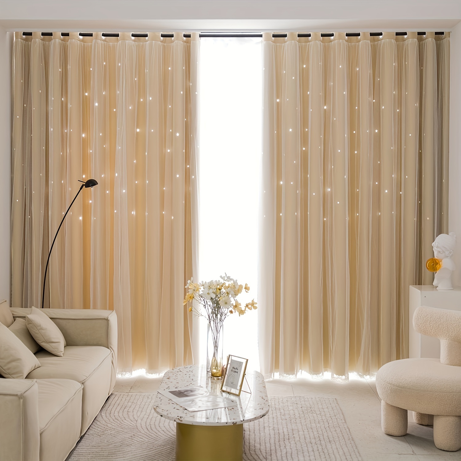 

2 Panel Double Cutout Star Blackout Curtains Tulle Covered Curtains, 39.3x78.7 Inches