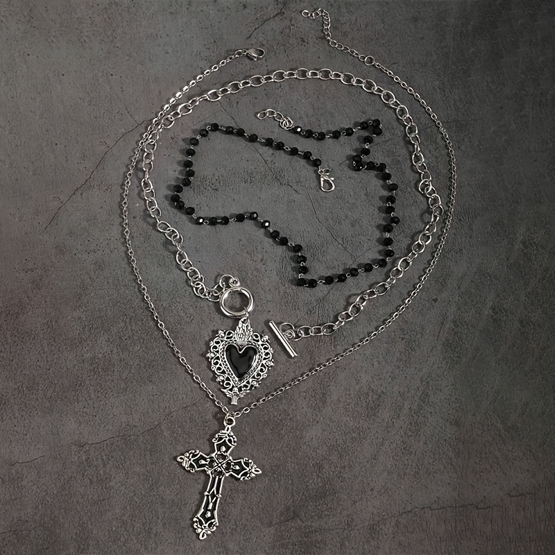 Image of 3pcs Of Vintage Gothic Beaded Black Heart Ot Chain, Punk Rock Retro Sweet Gothic Cross Necklace, Dark Gothic Y2k Choker Design