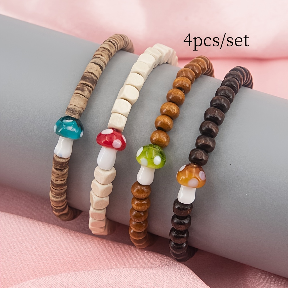 Image of Set Of 4 Wooden Mushroom Beads Bracelets For Men And Women, Suitable For Everyday Wear, Perfect As Gifts For , Ideal For Holidays And Birthdays