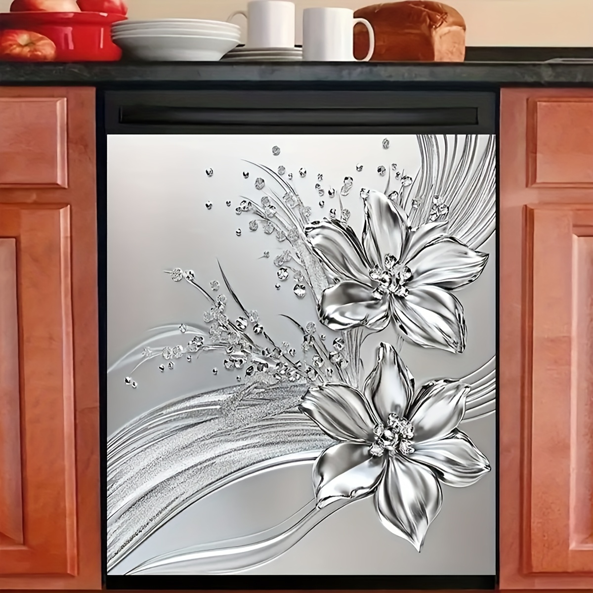 Luxury Silvery Floral Appliance Sticker, Crystal Effect Decorative Waterproof Removable Decal, Kitchen Dishwasher Cabinet Door Home Decoration