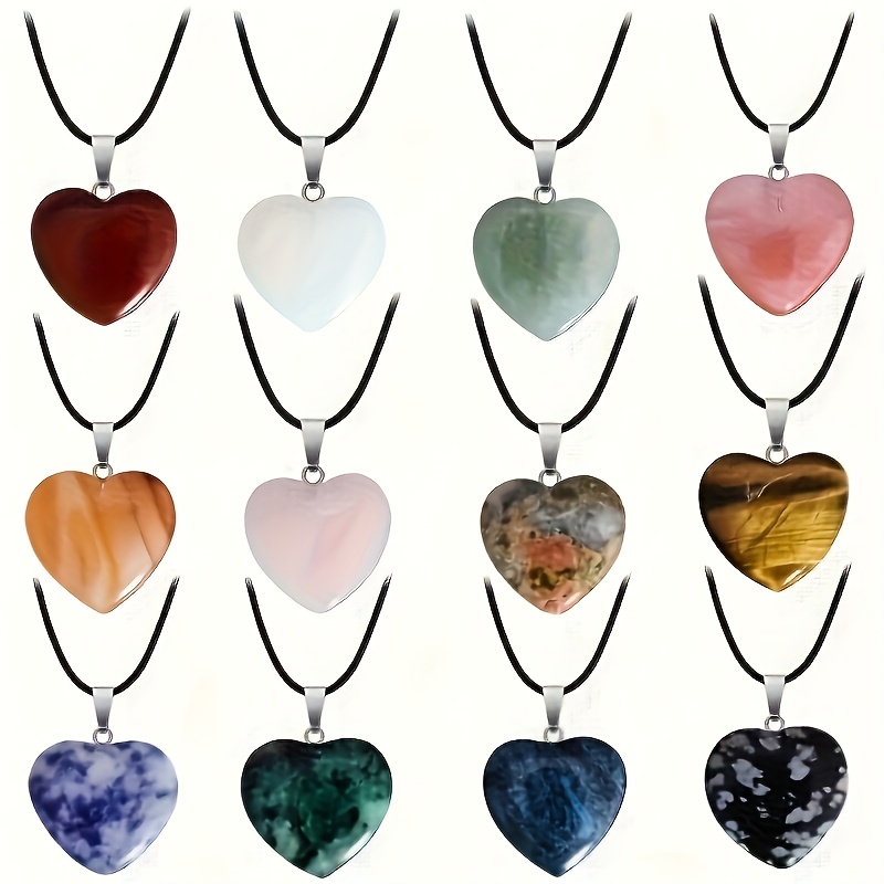 11pcs Mixed Natural Stone Heart Pendant Necklaces Set