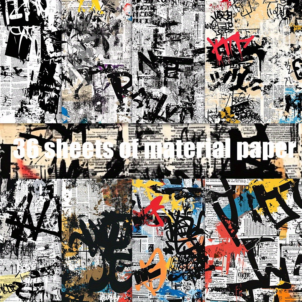 E-shop 36 nicht wiederholte Straßengraffiti-Zeitungsstil -Papier, Dekorationspapier, Materialpapier geeignet für Retro-Tagebuch-Geschenkverpackung,