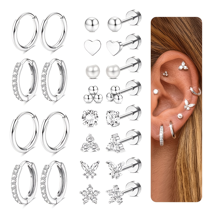 TEMU 12 Pairs Of Earrings, Unisex, Made Of Surgical Grade Stainless Steel, Hypoallergenic, Flat Ear Backs, Small Ear Hooks, Cartilage Earring Set,