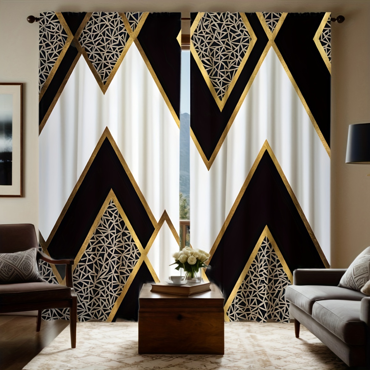 

2pcs Black & Golden Geometric Print Curtains - Modern Hd Digital Printed Polyester Drapes For Living Room Or Bedroom, Rod , Machine Washable, Semi-transparent Home Decor, Curtains For Living Room